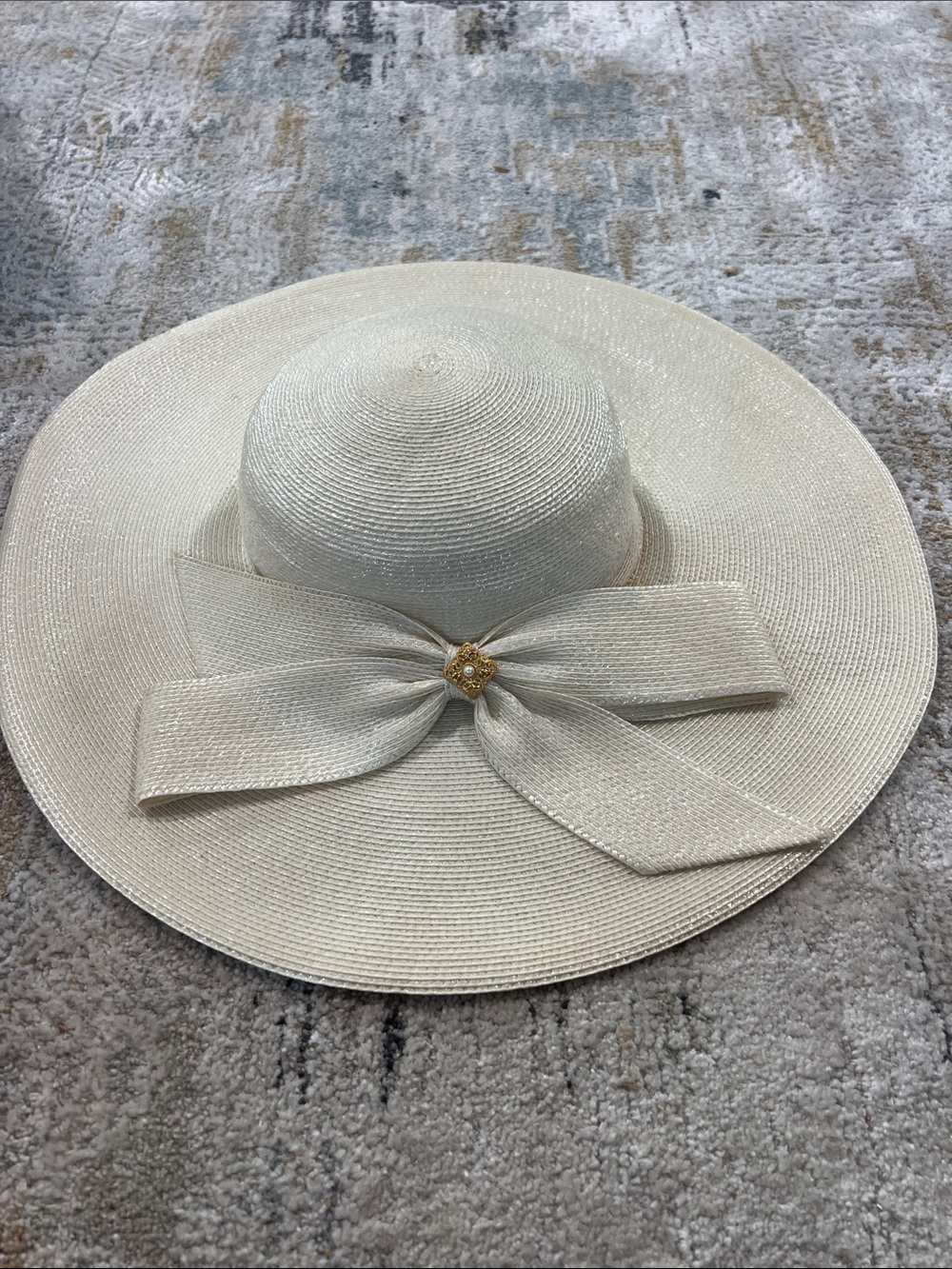 Kurt jr. Elegant Ivory Wide-Brim Sun Hat with Decorative Bow vintage z92